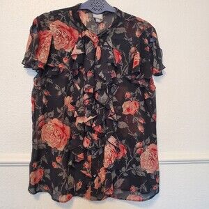 Converse One Star Women's Blouse Button Up Top Size L Black Coral Roses Size XL